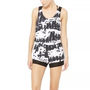 Alo tie-dye tranquillity romper black white stretch jersey knit pockets large
